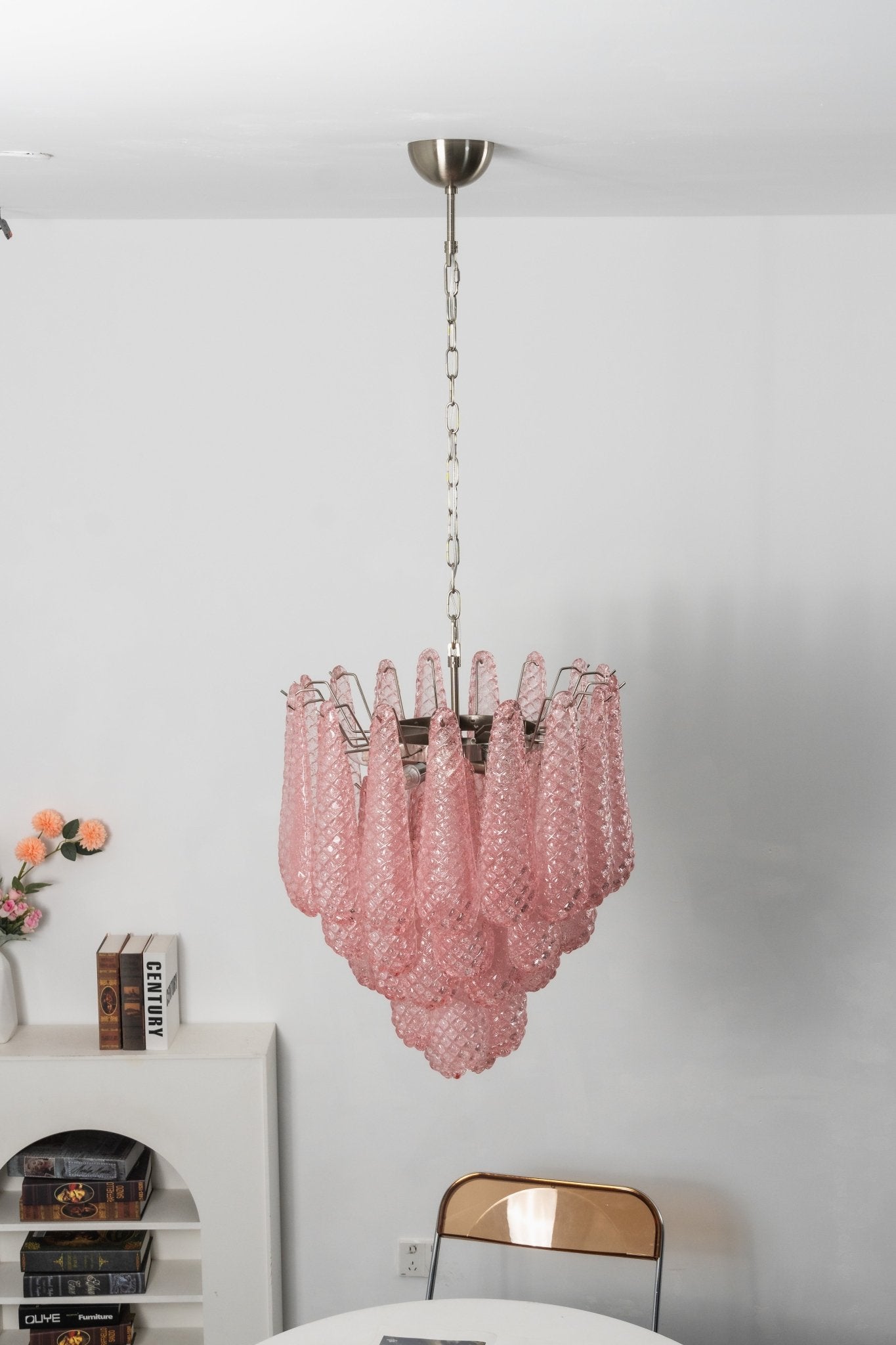 Elegant Pink Glass Droplet Chandelier - Adjustable Height, Modern Desi