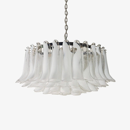 Elegant White Glass Chandelier with Floral Petals & Adjustable Height