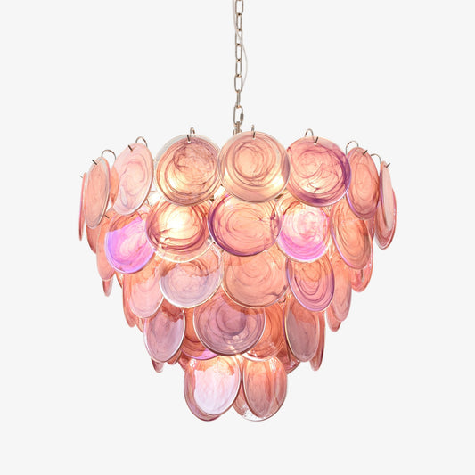 Elegant Pink Glass Disc Chandelier with Adjustable Height & Soft Light