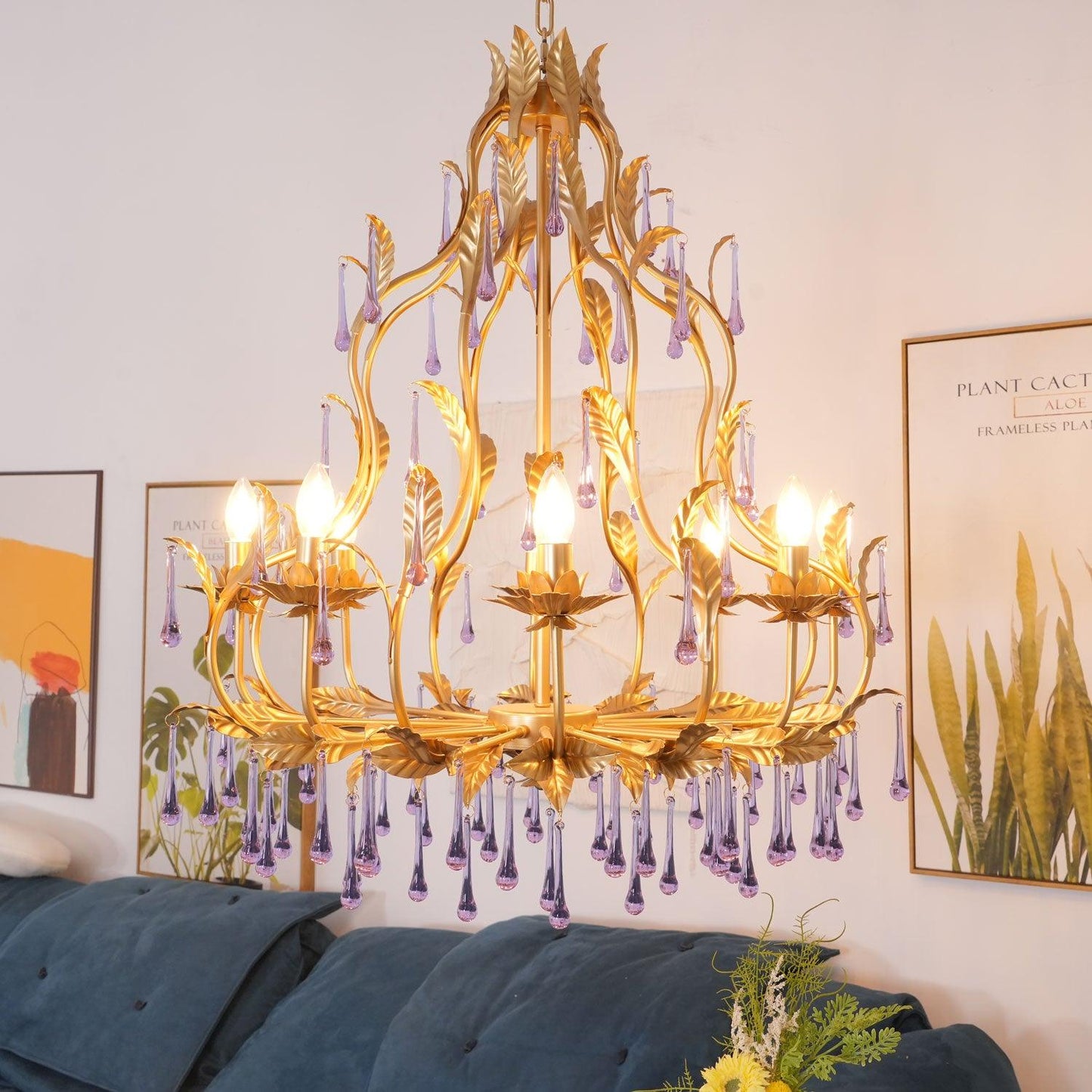 Elegant Amethyst Glass Chandelier with Adjustable Height & Crystal Acc