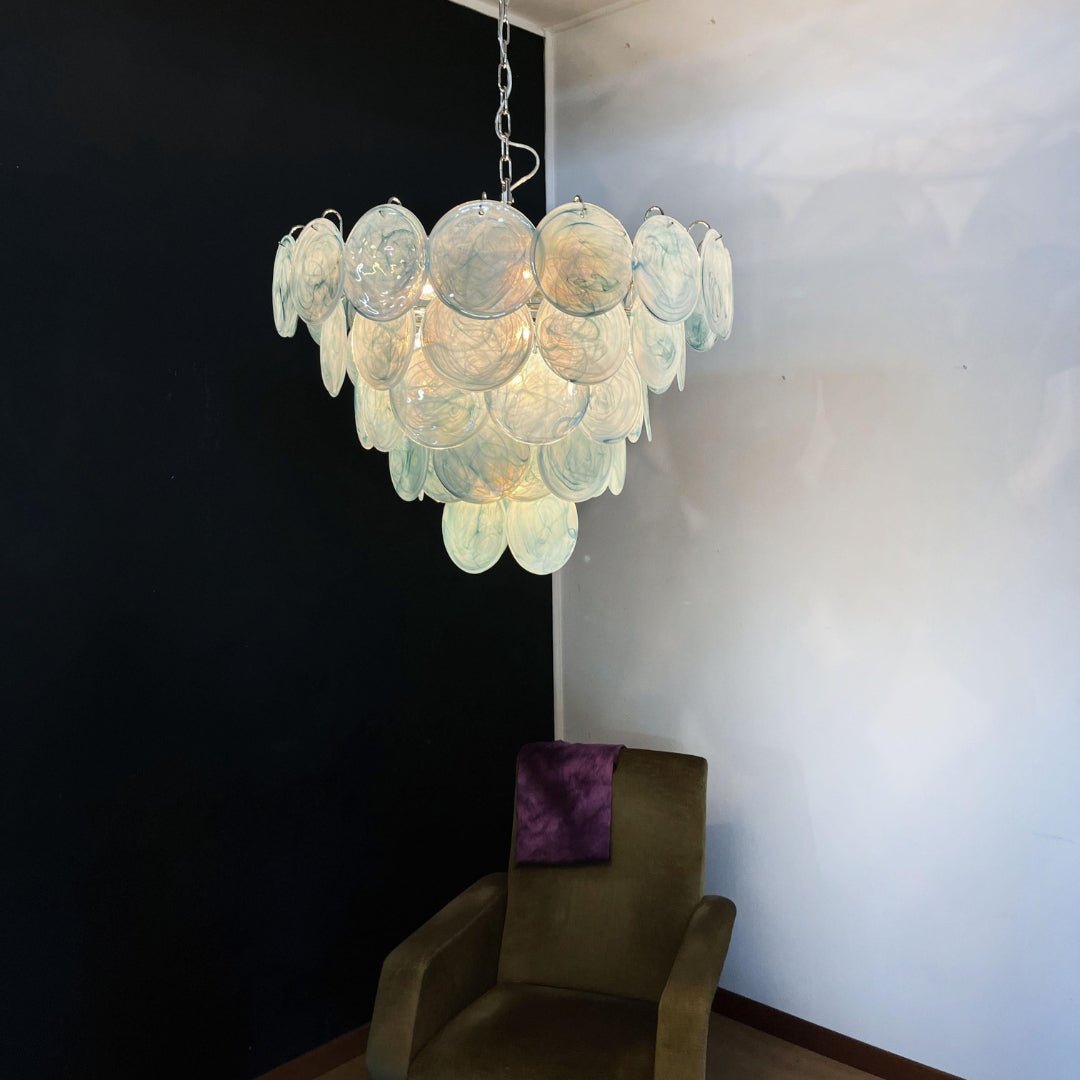 Elegant Blue Glass Disc Chandelier with Adjustable Height & LED Compat
