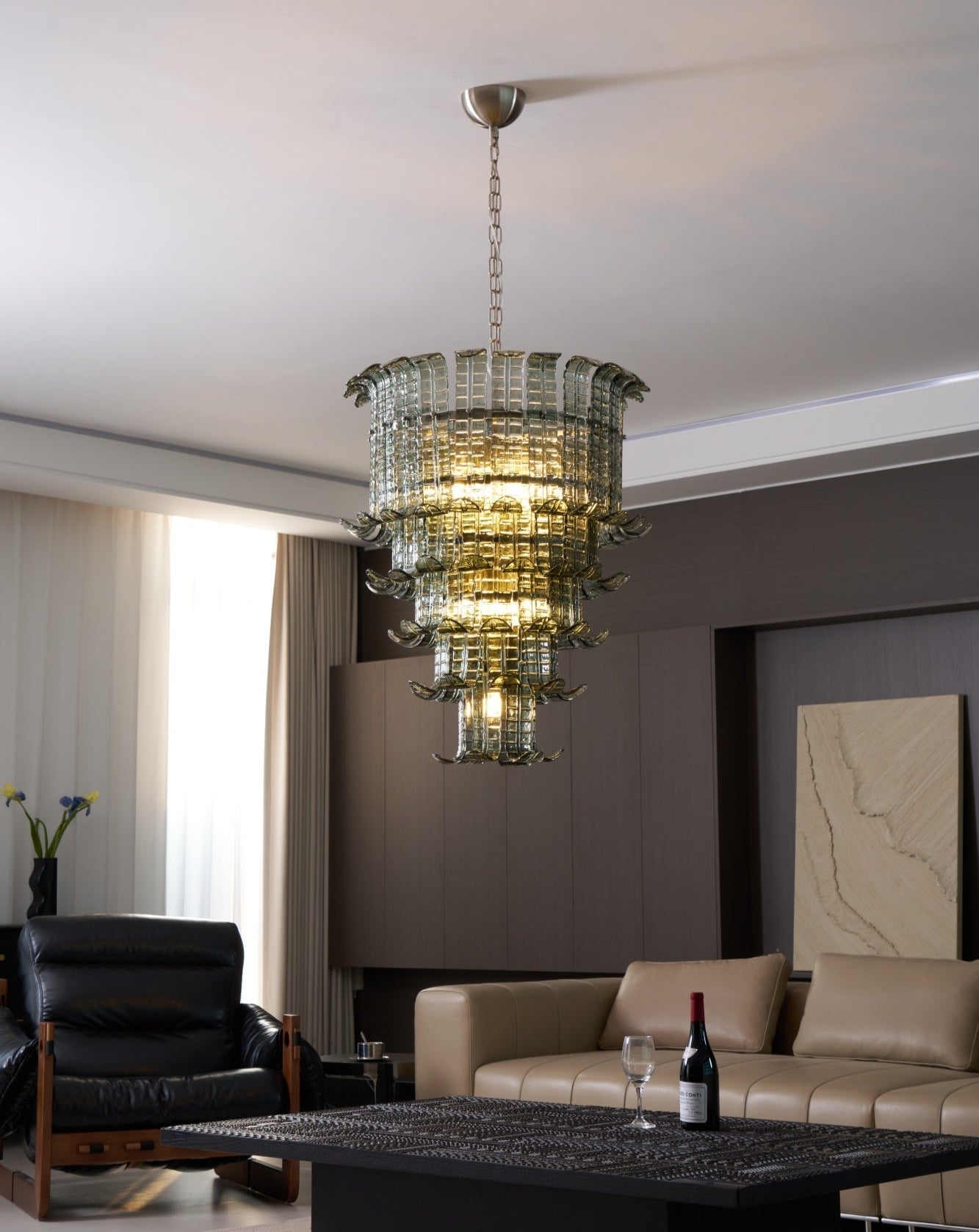 Elegant Cascade Glass Green Chandelier with Adjustable Height & LED Co