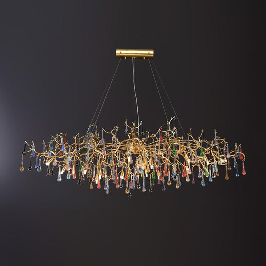 Elegant Brass Raindrop Chandelier with Colorful Glass Accents, Dimmabl