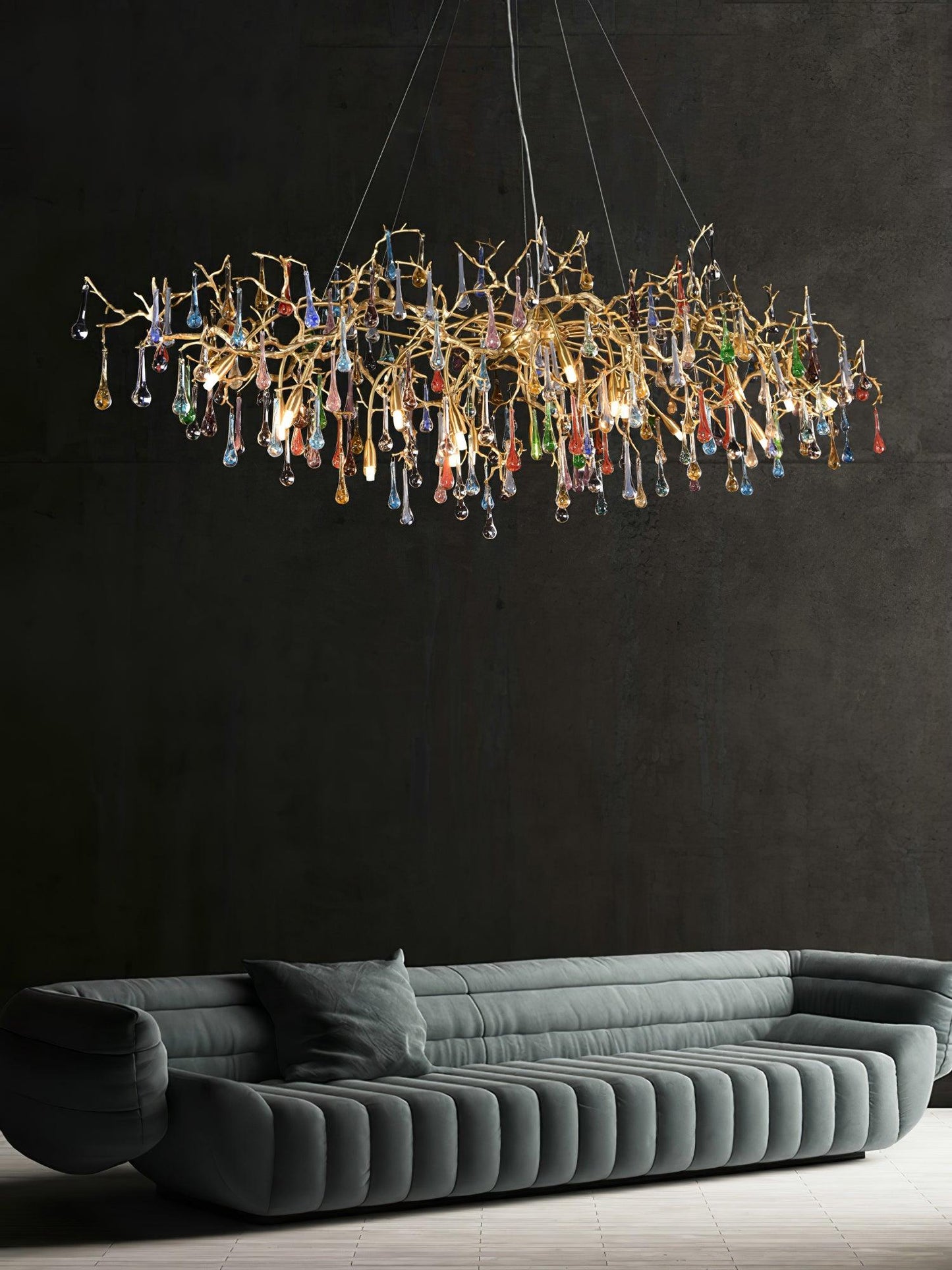 Elegant Brass Raindrop Chandelier with Colorful Glass Accents, Dimmabl