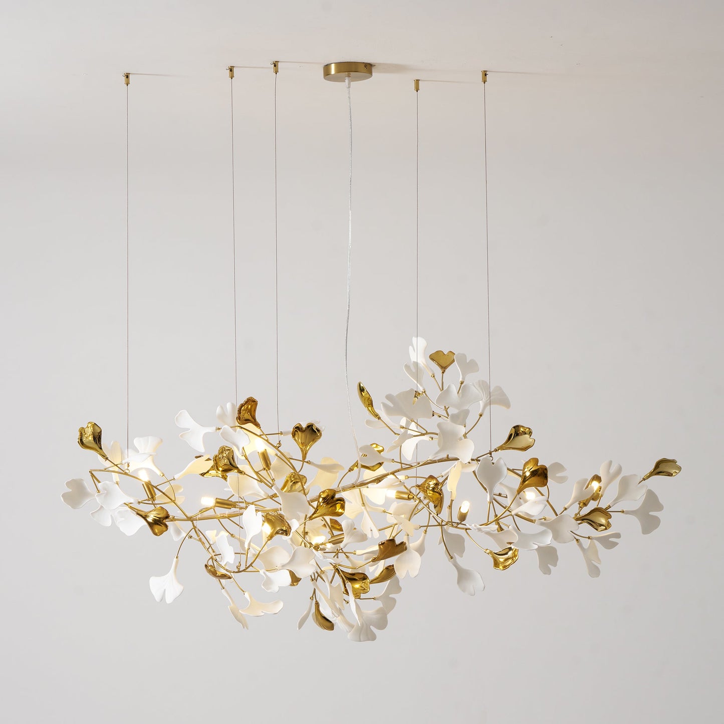 Elegant Gold & White Gingko Leaf Chandelier - Adjustable Height, LED C