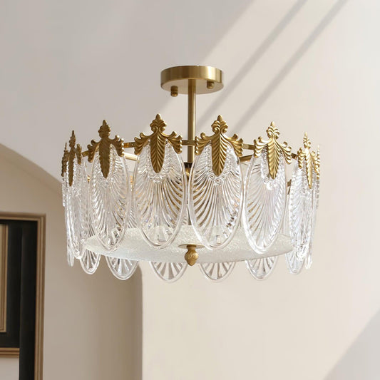 Elegant Round Glass Chandelier with Decorative Patterns & LED Compatib