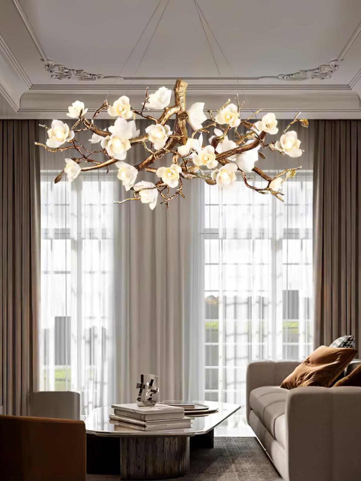 Elegant Brass Flower Bloom Chandelier with Adjustable Arms & LED Compa