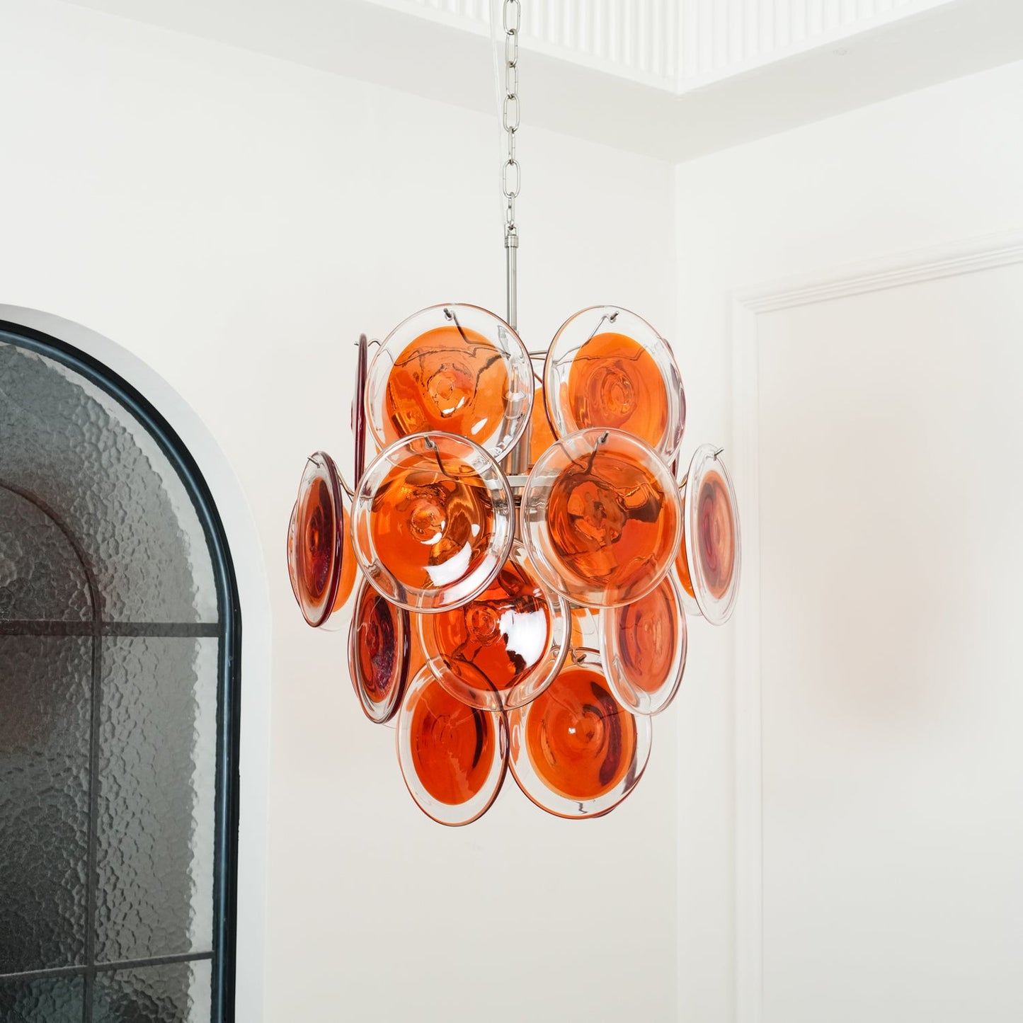 Elegant Orange Disk Glass Chandelier with Adjustable Height & Dimmer