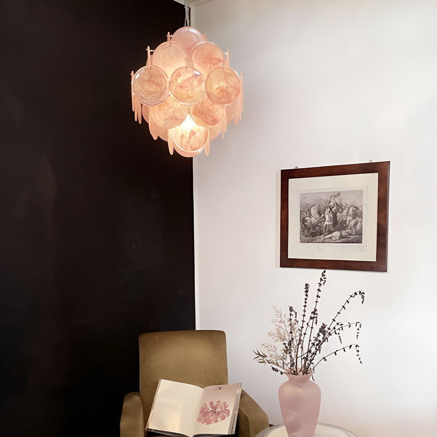 Elegant Pink Glass Disc Chandelier with Adjustable Height & LED Bulbs