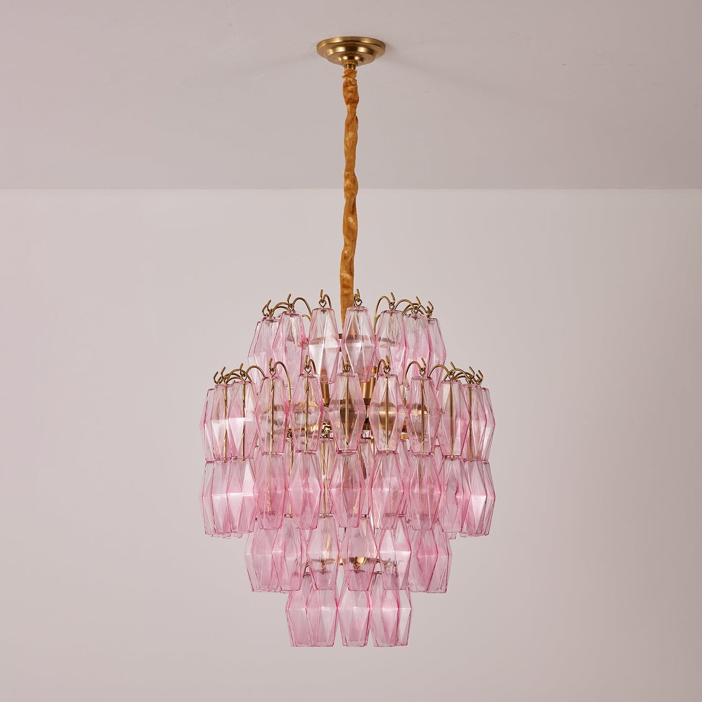 Elegant Pink Glass Prism Chandelier with Adjustable Height & LED Compa
