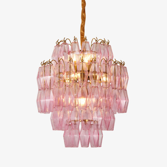 Elegant Pink Glass Prism Chandelier with Adjustable Height & LED Compa