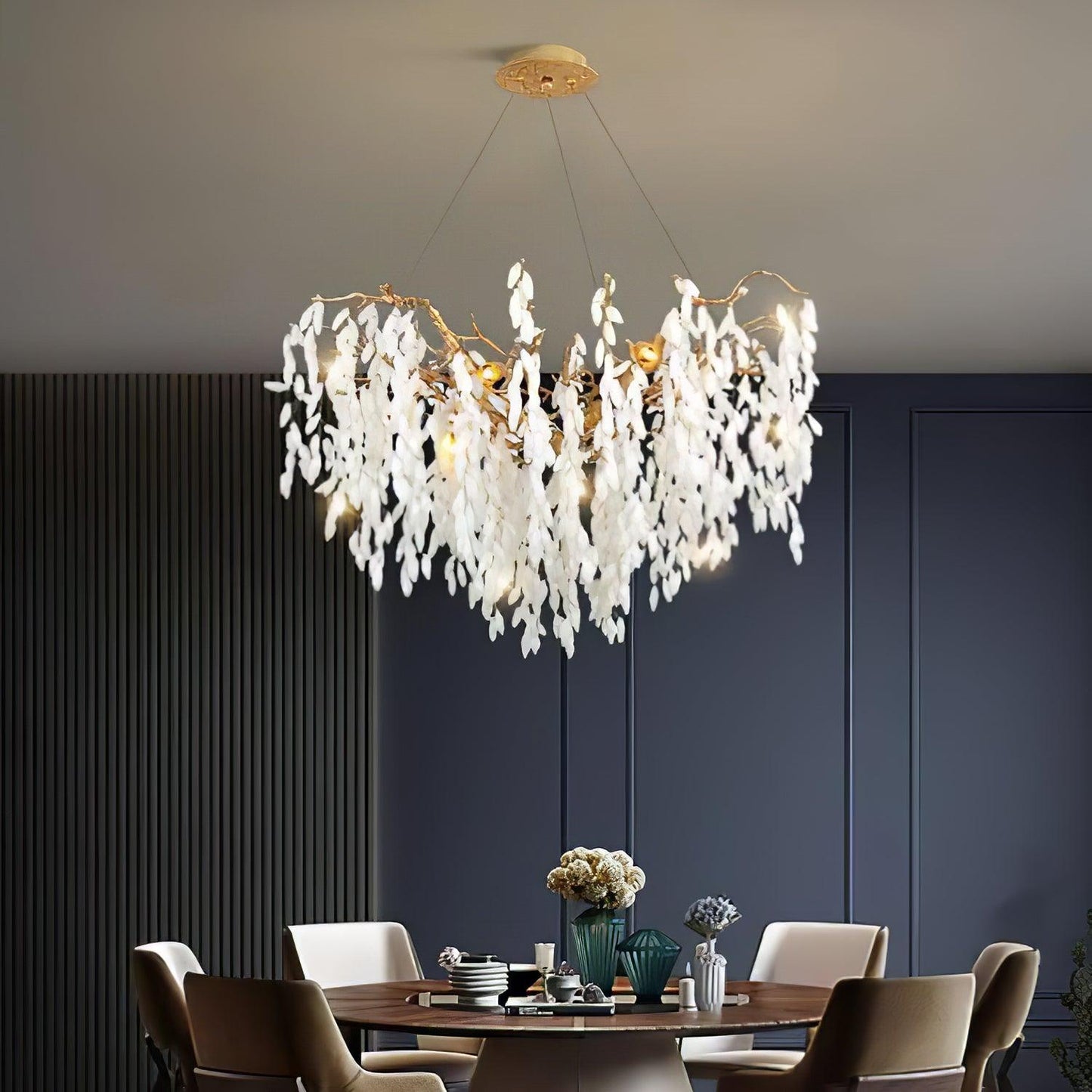Elegant White Jade Branch Brass Chandelier with Adjustable Lighting