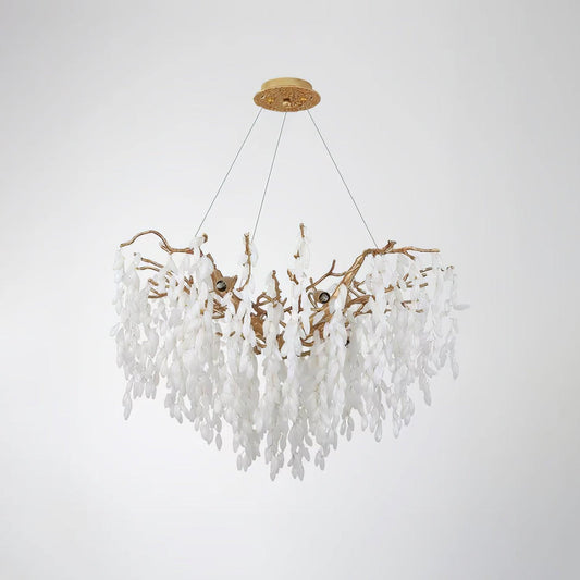 Elegant White Jade Branch Brass Chandelier with Adjustable Lighting