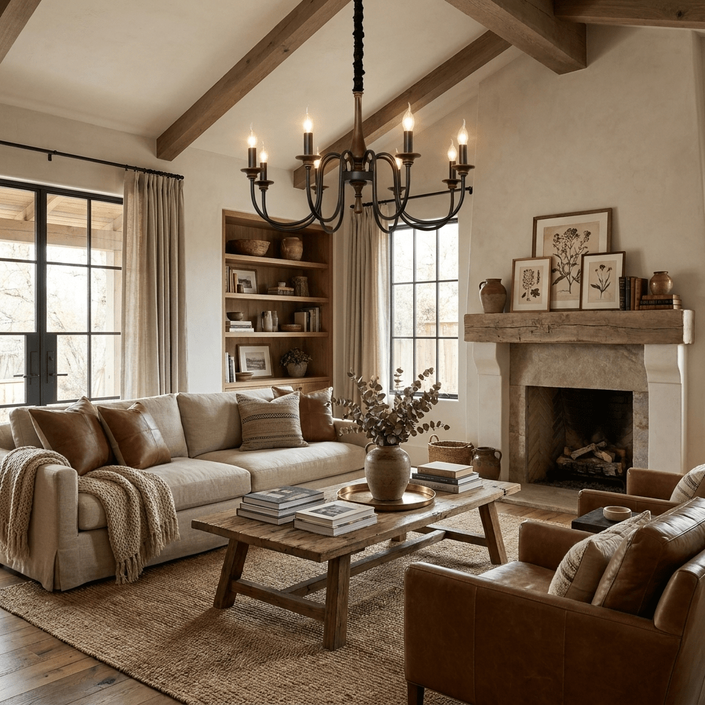 Rustic Wood & Iron Candle Chandelier with Adjustable Height & Elegant