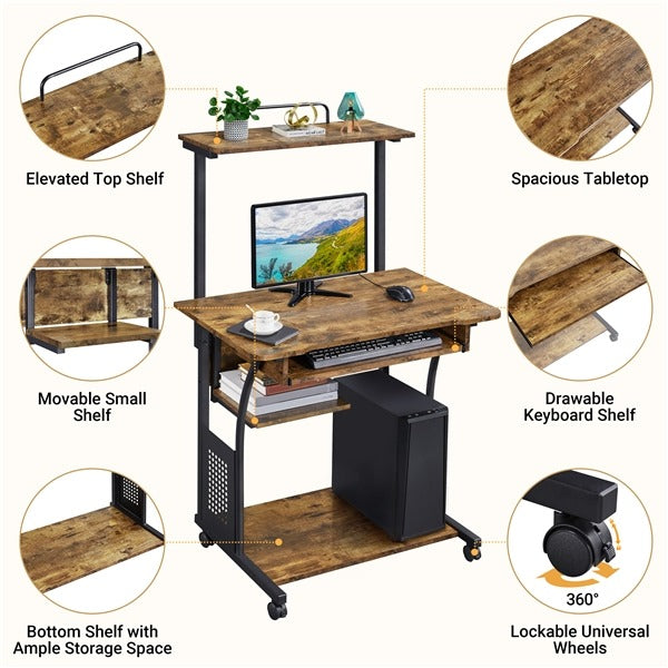 3 Tiers Rolling Computer Desk with Keyboard Tray Position 4