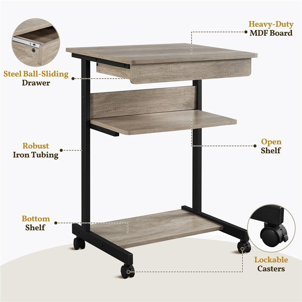 Rolling Computer Desk with Drawer & Keyboard Tray Position 5