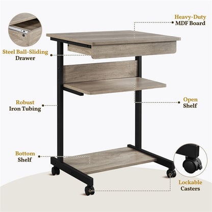 Rolling Computer Desk with Drawer & Keyboard Tray Position 5