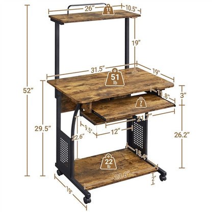 3 Tiers Rolling Computer Desk with Keyboard Tray Position 3