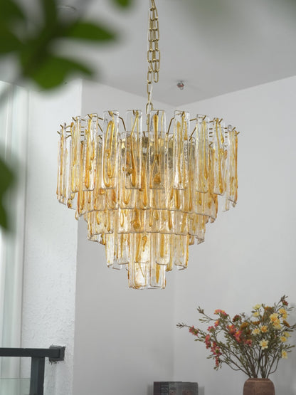 Elegant Golden Amber Glass Chandelier with Adjustable Height & LED Com