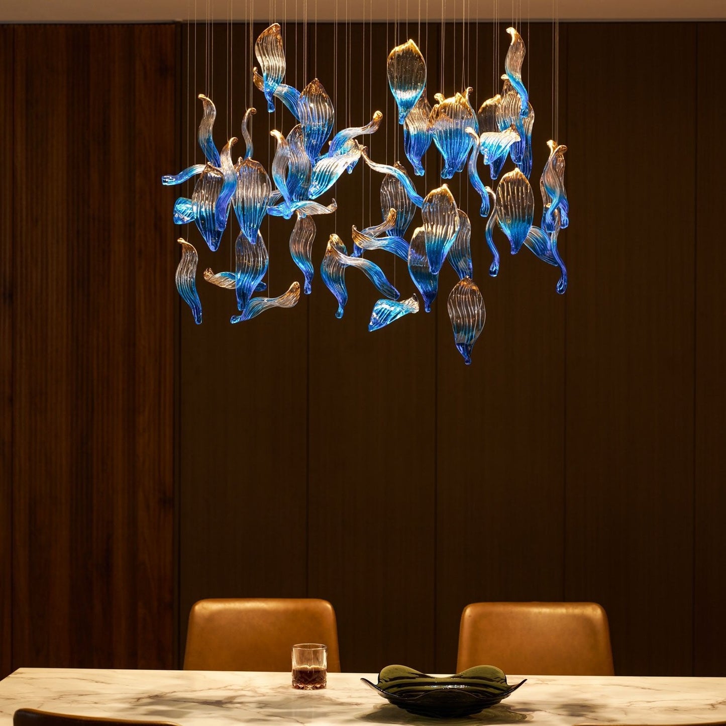 Ocean Drift Custom Blown Glass Chandelier with Adjustable Height & LED