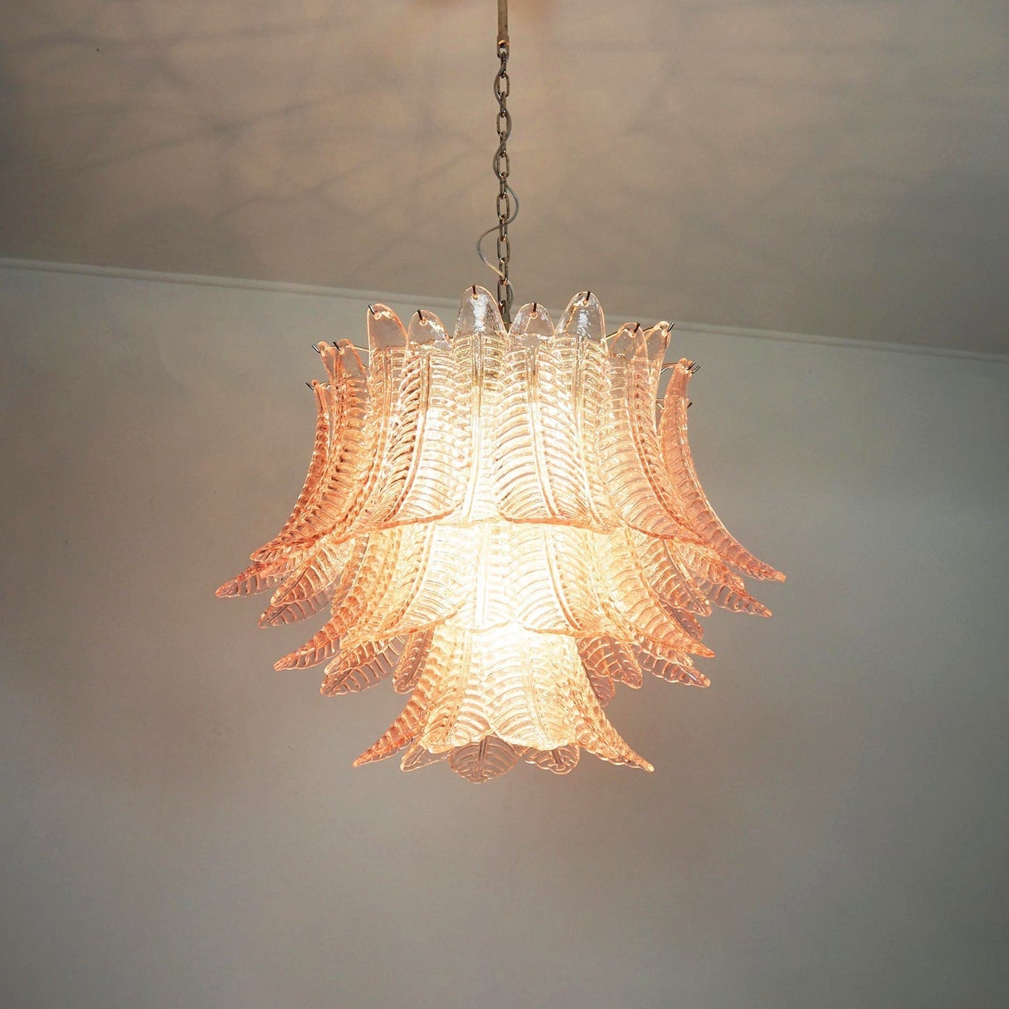 Elegant Pink Glass Leaf Chandelier - Adjustable Height & Energy Effici