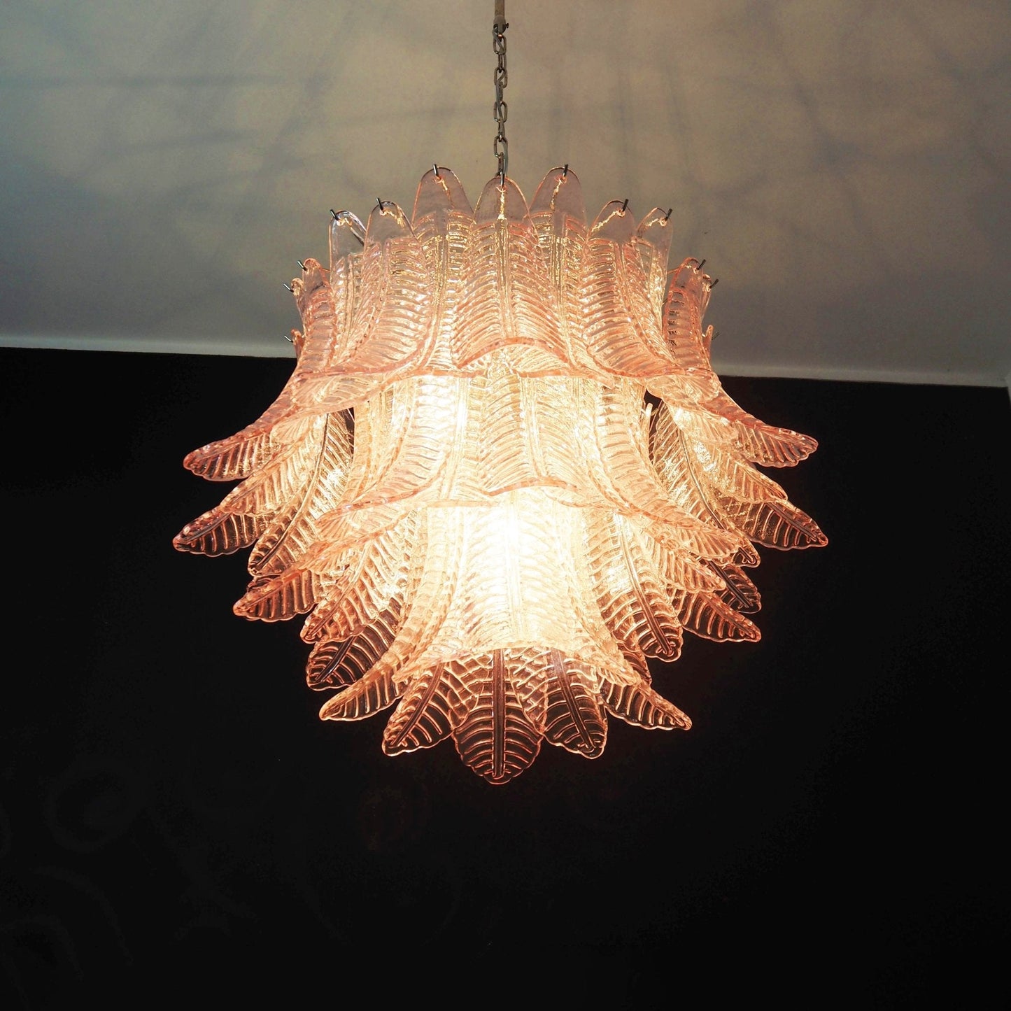 Elegant Pink Glass Leaf Chandelier - Adjustable Height & Energy Effici