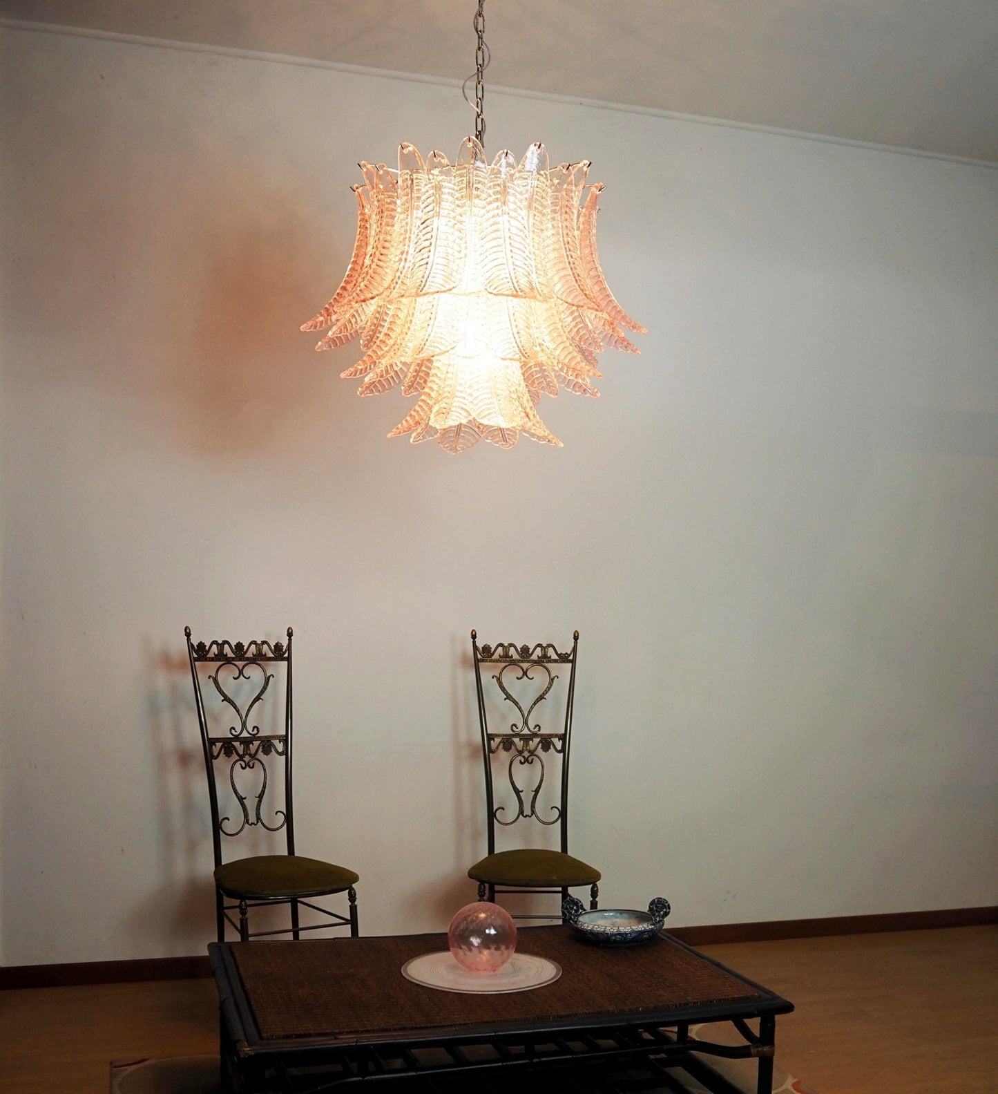 Elegant Pink Glass Leaf Chandelier - Adjustable Height & Energy Effici