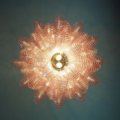 Elegant Pink Glass Leaf Chandelier - Adjustable Height & Energy Effici
