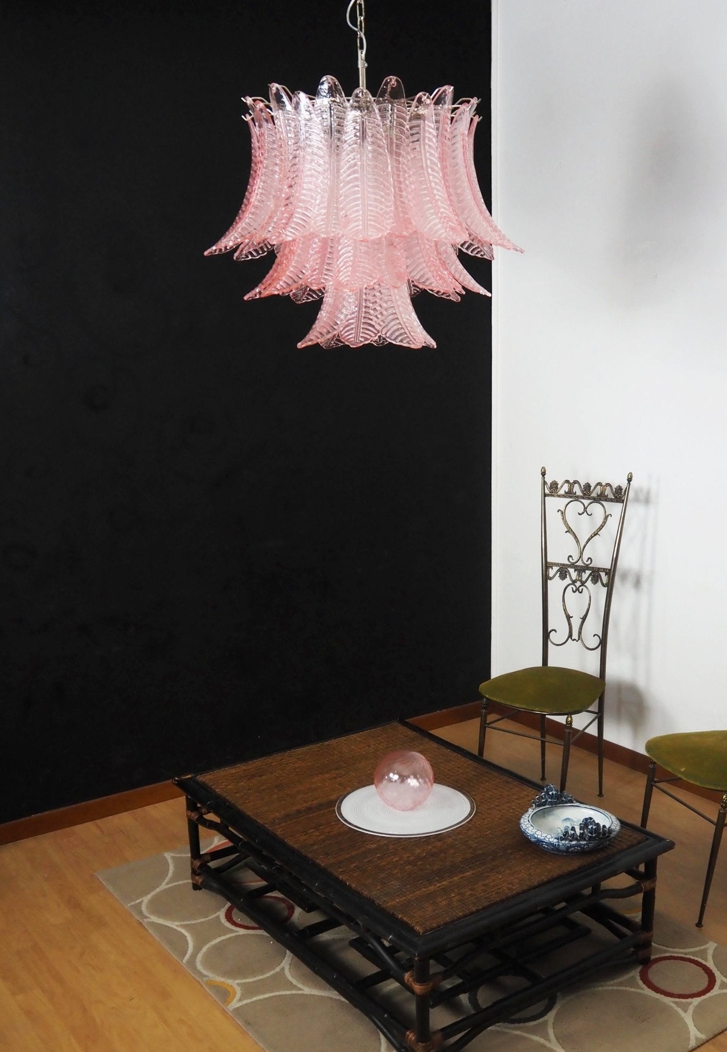 Elegant Pink Glass Leaf Chandelier - Adjustable Height & Energy Effici
