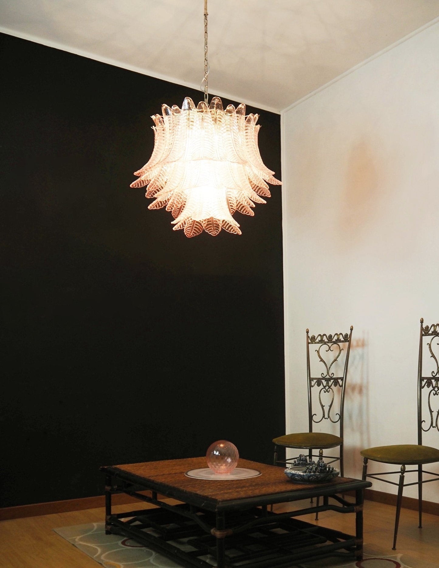 Elegant Pink Glass Leaf Chandelier - Adjustable Height & Energy Effici