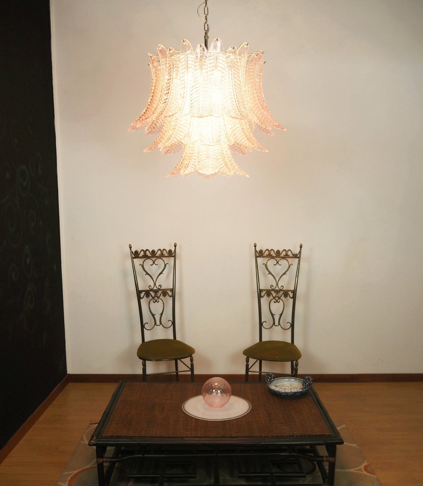Elegant Pink Glass Leaf Chandelier - Adjustable Height & Energy Effici