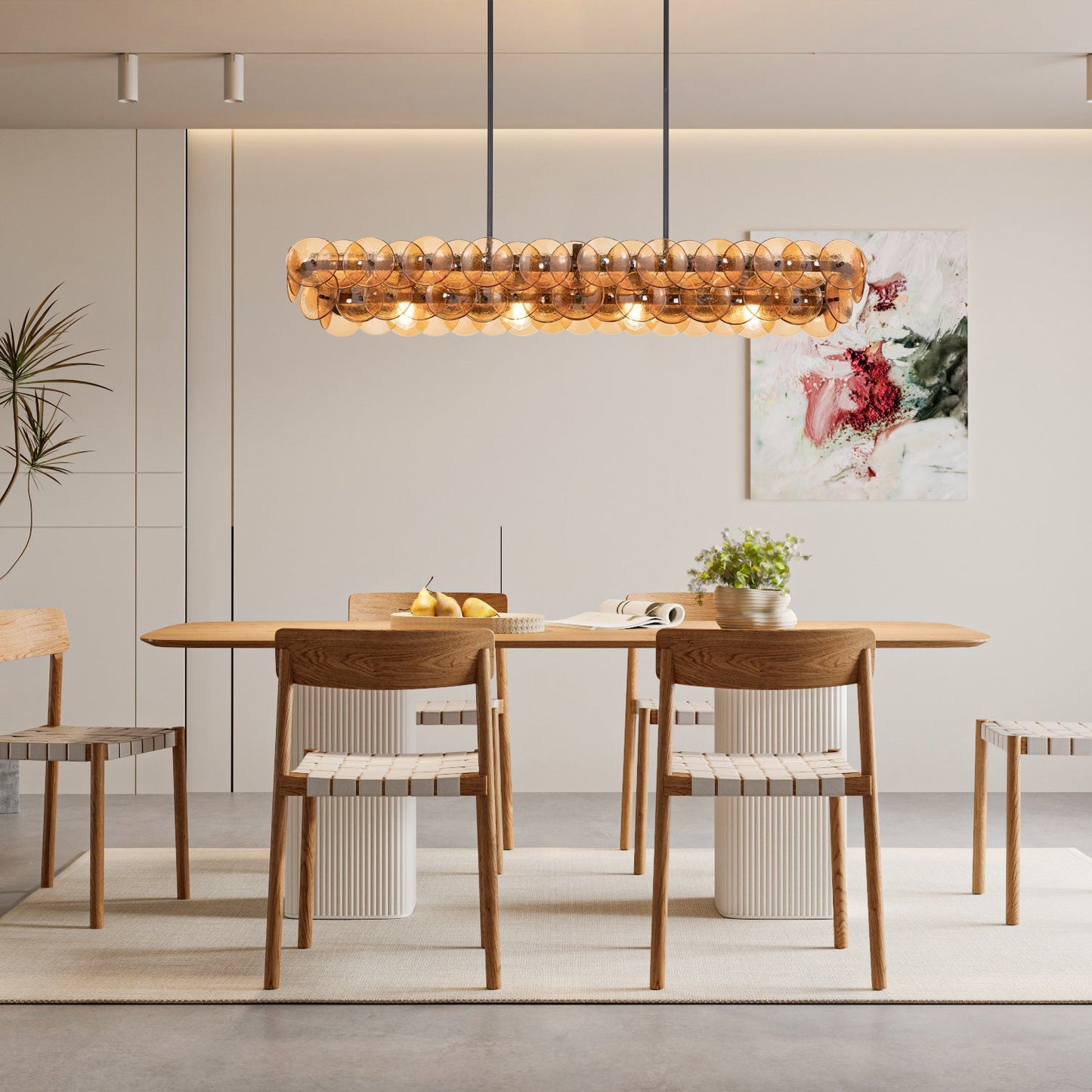 Pressed Glass Disc Linear Chandelier with Adjustable Height & LED Comp