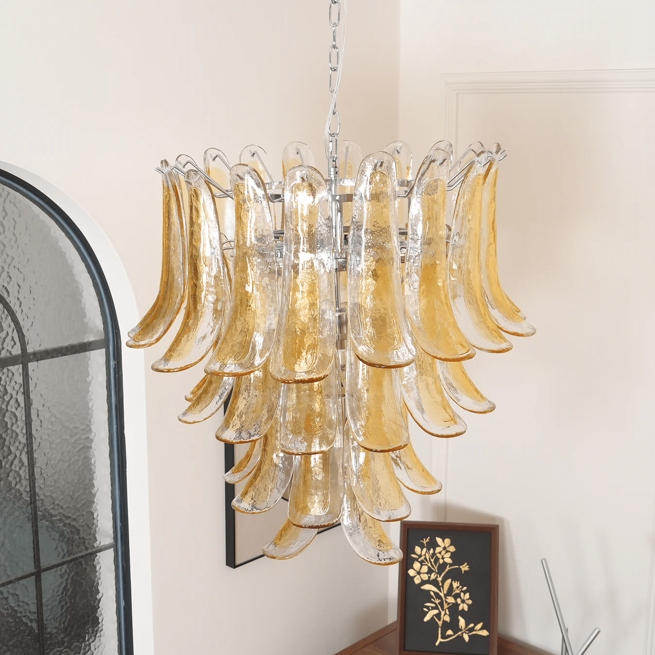 Elegant Glass Amber Lily Chandelier with Adjustable Height & LED Compa