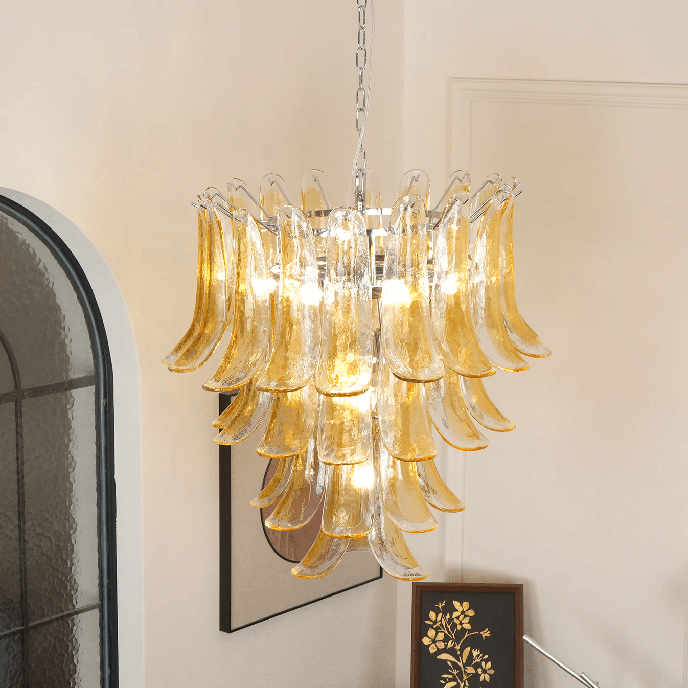 Elegant Glass Amber Lily Chandelier with Adjustable Height & LED Compa