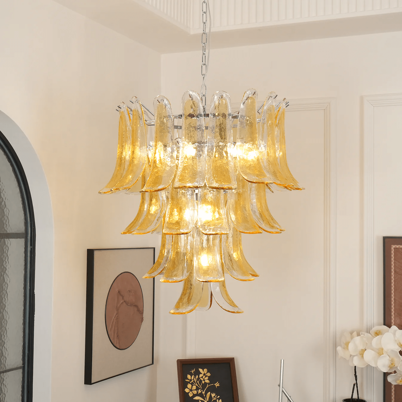 Elegant Glass Amber Lily Chandelier with Adjustable Height & LED Compa
