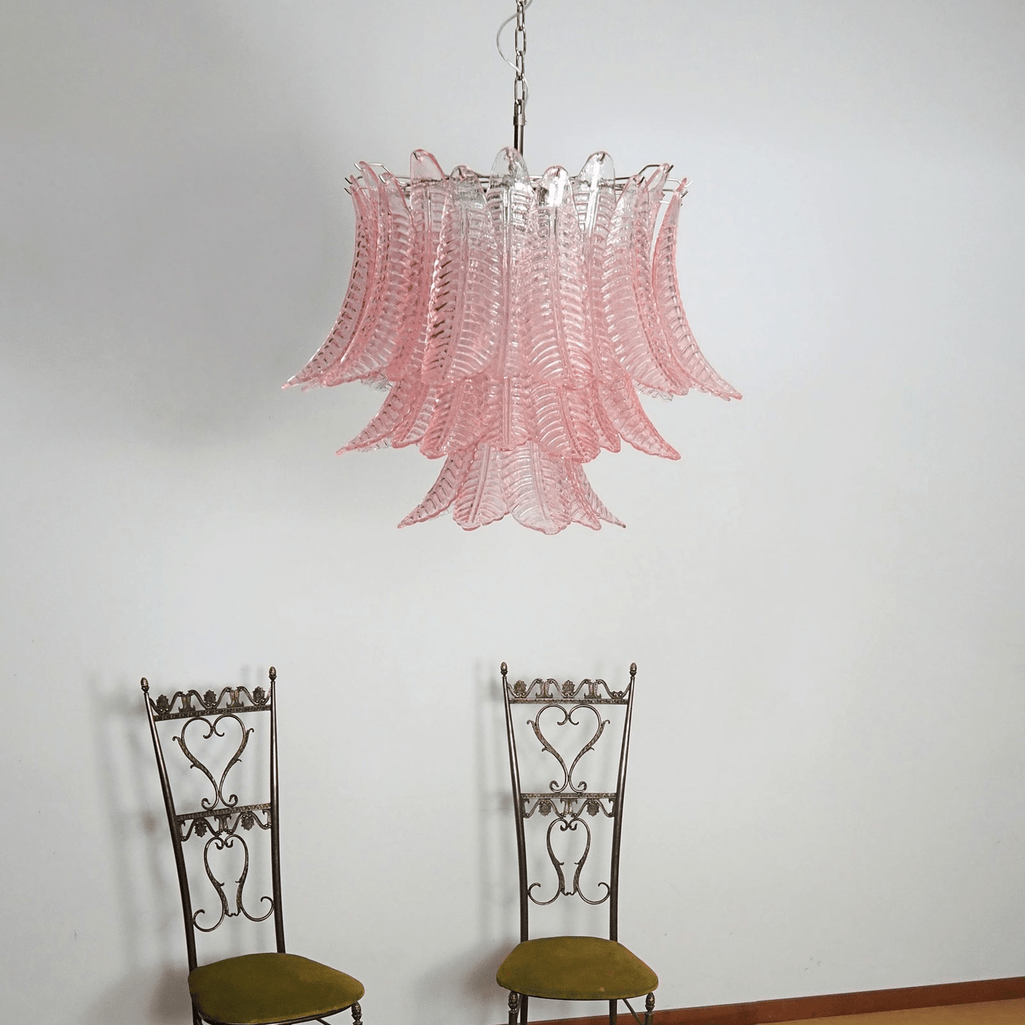 Elegant Pink Glass Leaf Chandelier - Adjustable Height & Energy Effici
