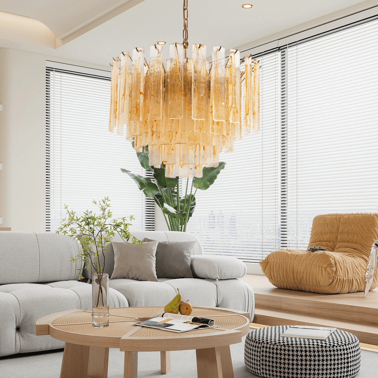 Elegant Golden Amber Glass Chandelier with Adjustable Height & LED Com
