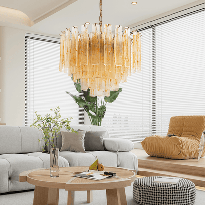 Elegant Golden Amber Glass Chandelier with Adjustable Height & LED Com