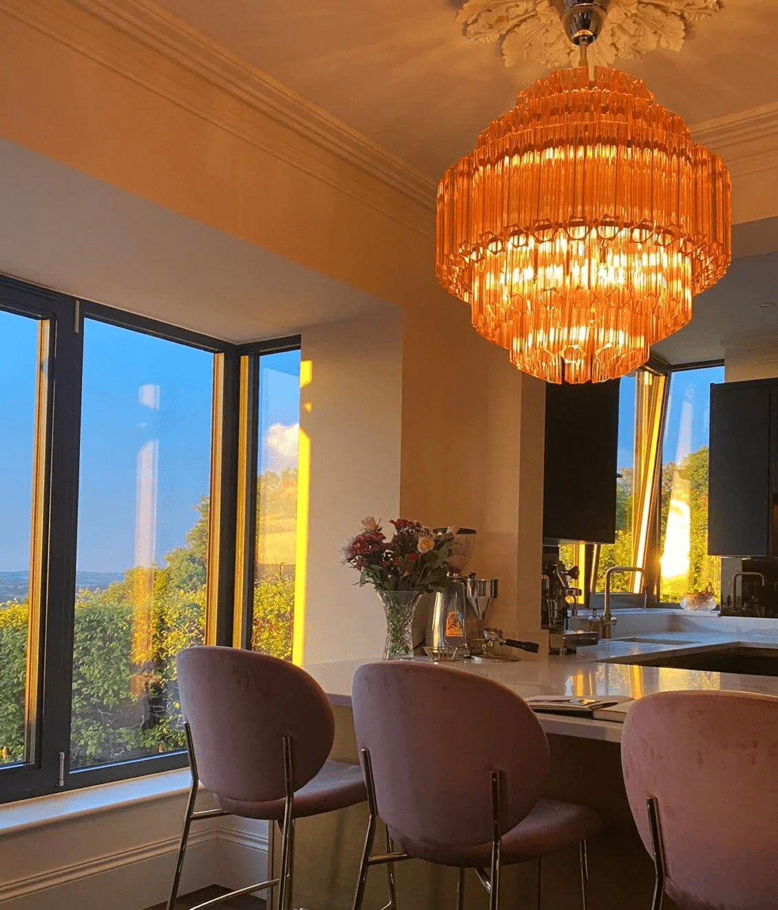 Elegant Pink Palermo Glass Chandelier with Adjustable Height & Crystal