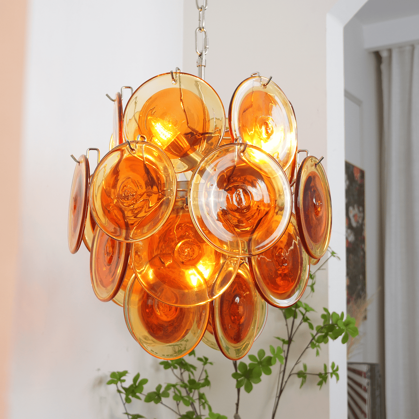Orange Transparent Glass Disc Chandelier with Adjustable Height & Mode