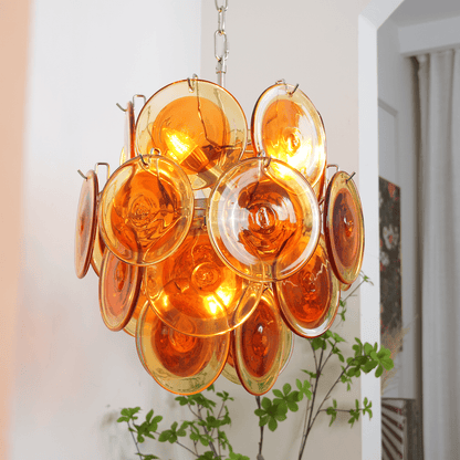 Orange Transparent Glass Disc Chandelier with Adjustable Height & Mode
