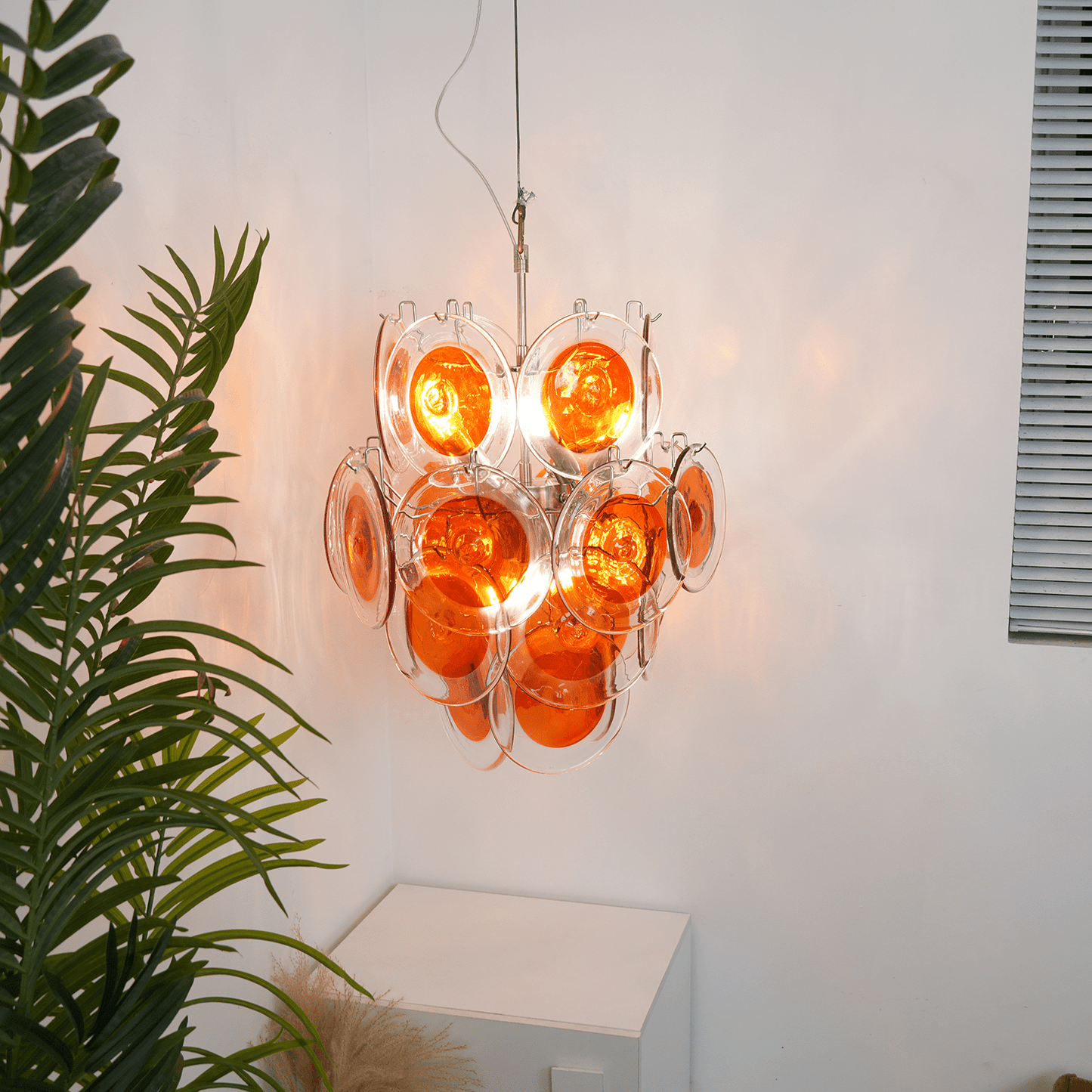 Orange Transparent Glass Disc Chandelier with Adjustable Height & Mode