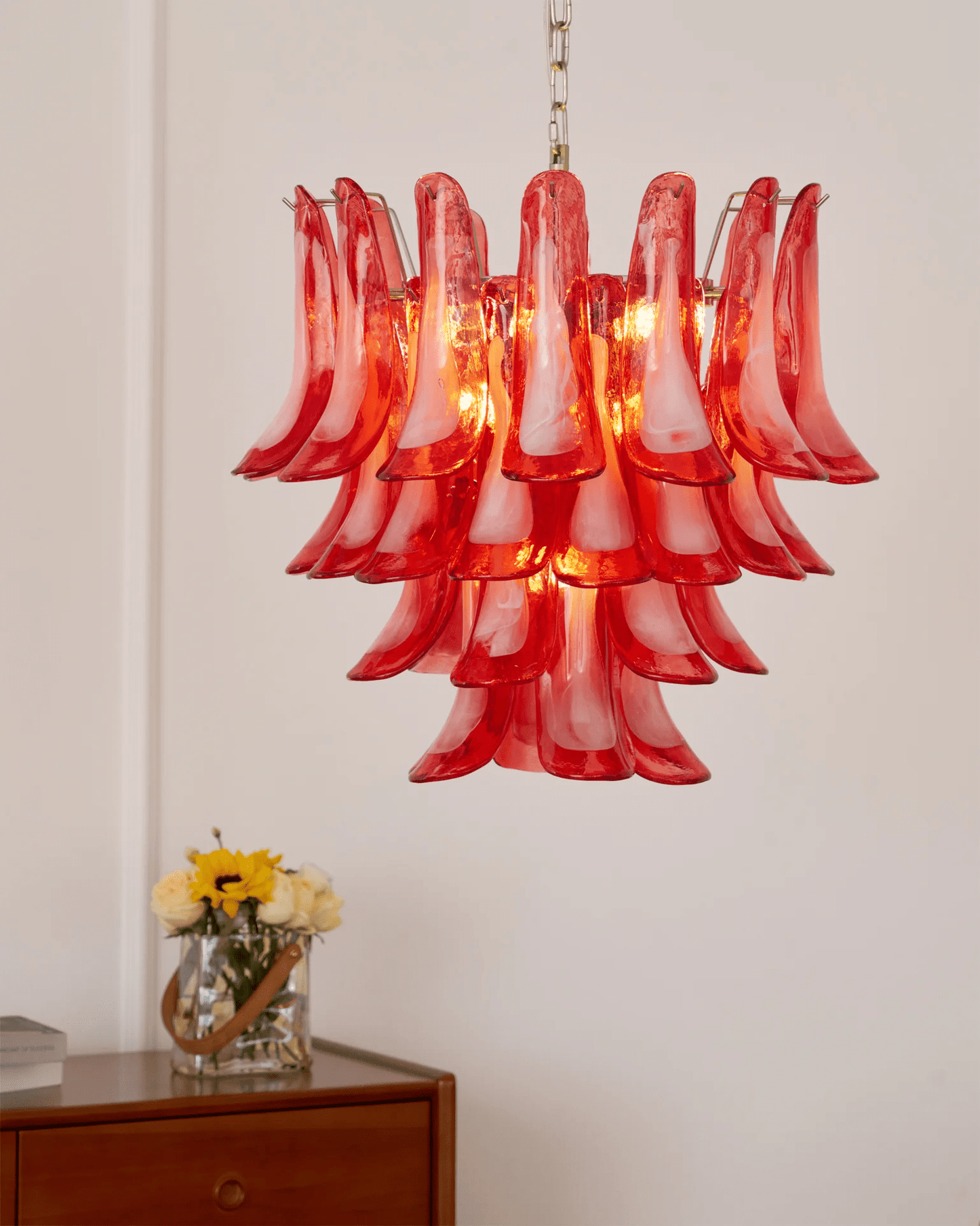 Crimson Glass Petals Chandelier - Elegant Design with Adjustable Heigh
