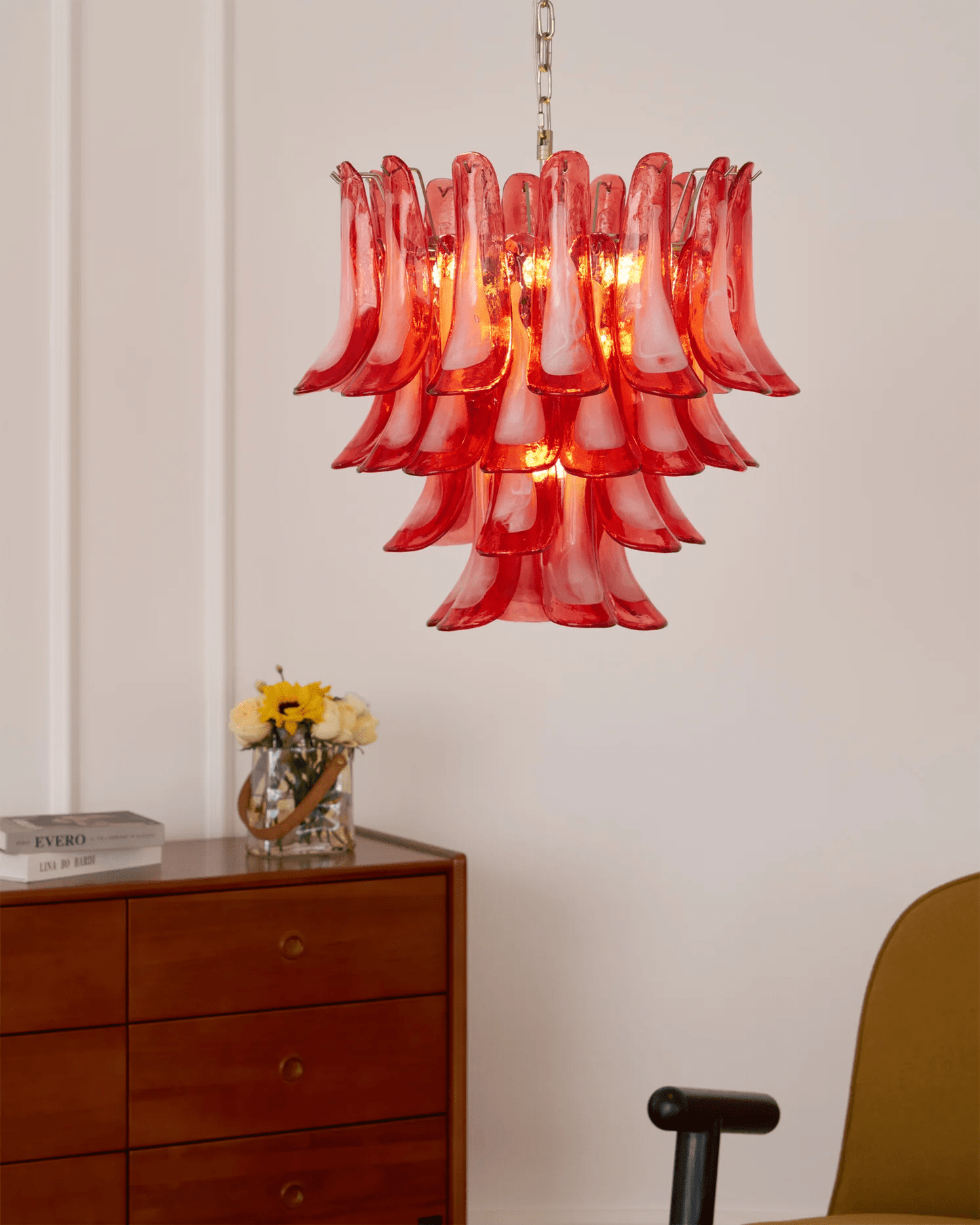 Crimson Glass Petals Chandelier - Elegant Design with Adjustable Heigh