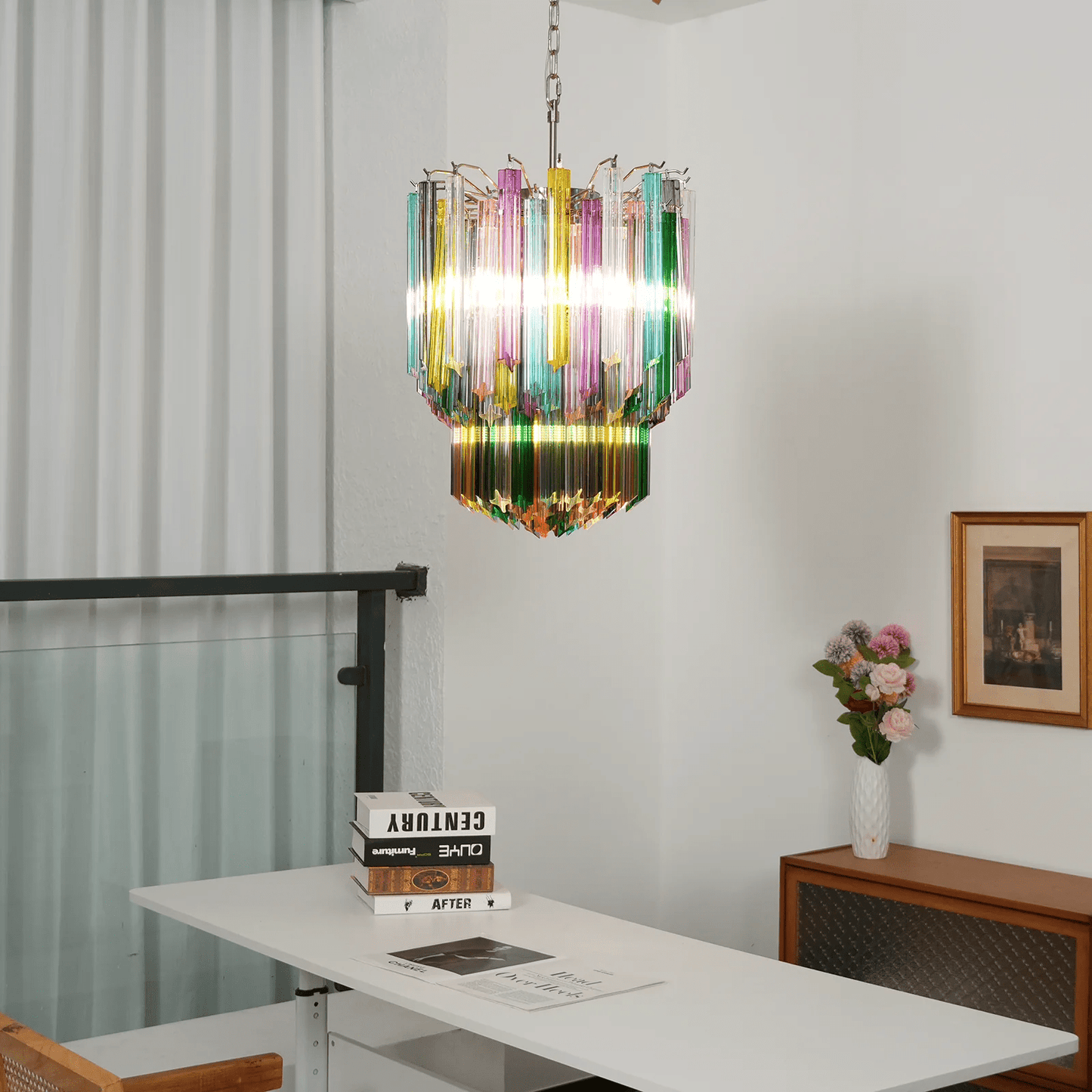 Colorful Prismatic Glass Chandelier with Adjustable Height & LED Compa