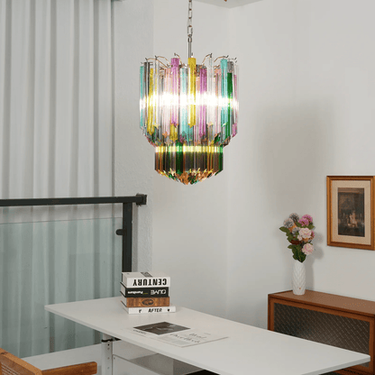 Colorful Prismatic Glass Chandelier with Adjustable Height & LED Compa