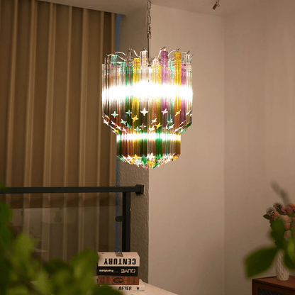 Colorful Prismatic Glass Chandelier with Adjustable Height & LED Compa