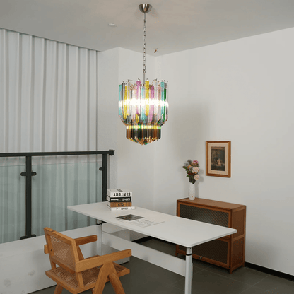Colorful Prismatic Glass Chandelier with Adjustable Height & LED Compa