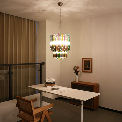Colorful Prismatic Glass Chandelier with Adjustable Height & LED Compa