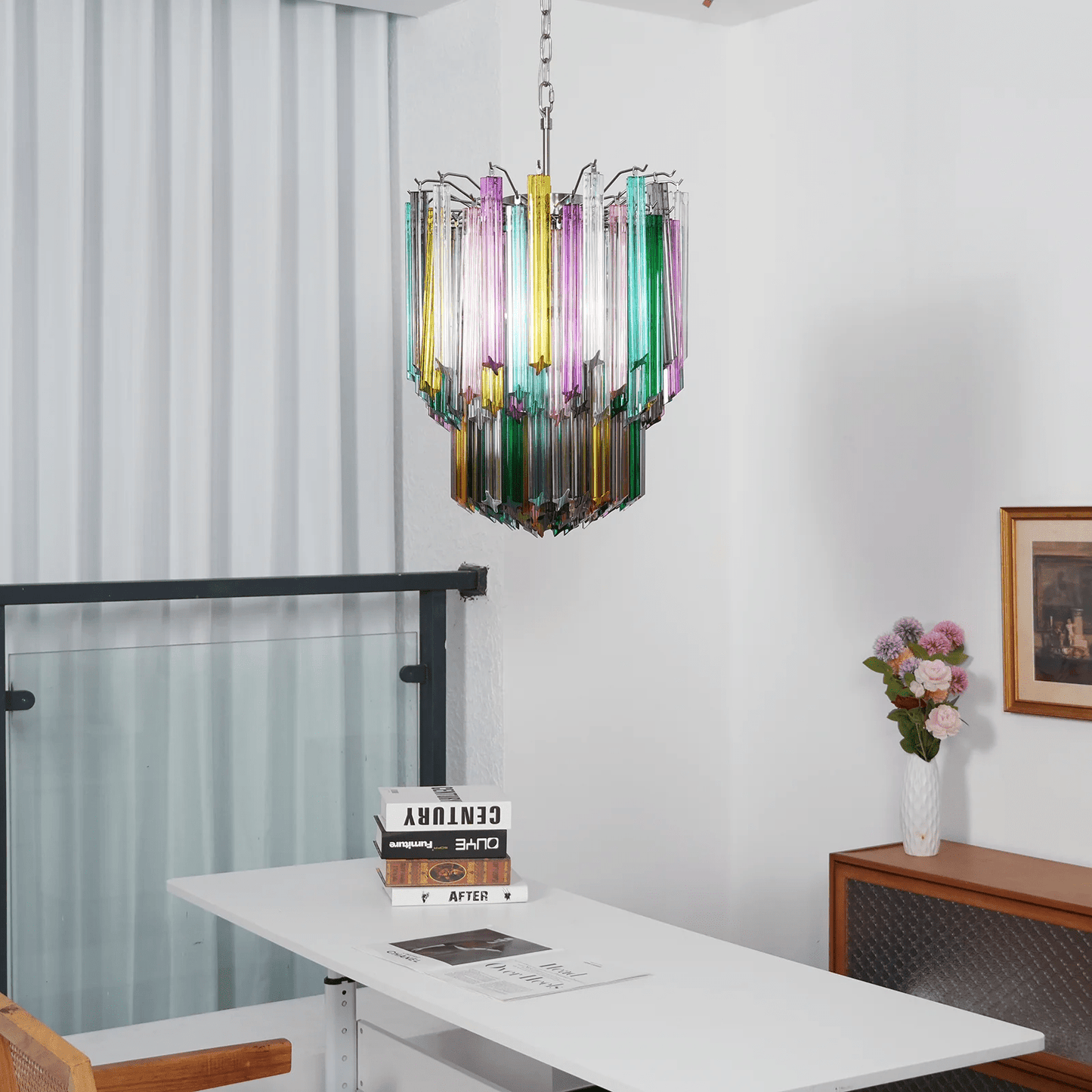 Colorful Prismatic Glass Chandelier with Adjustable Height & LED Compa